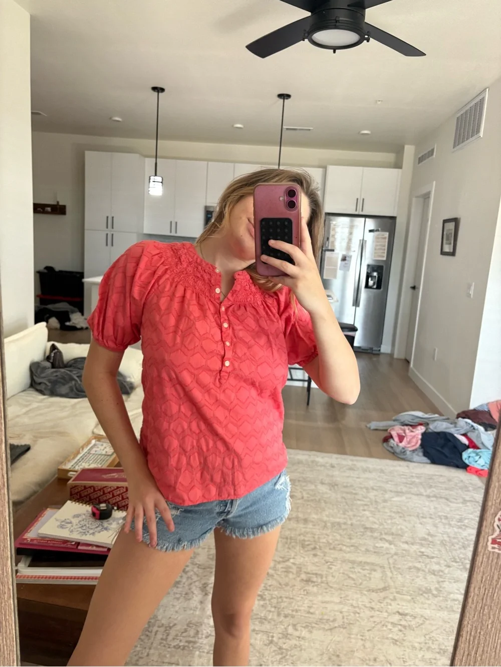 LOFT Coral Smocked Yoke Puff-Sleeve Blouse